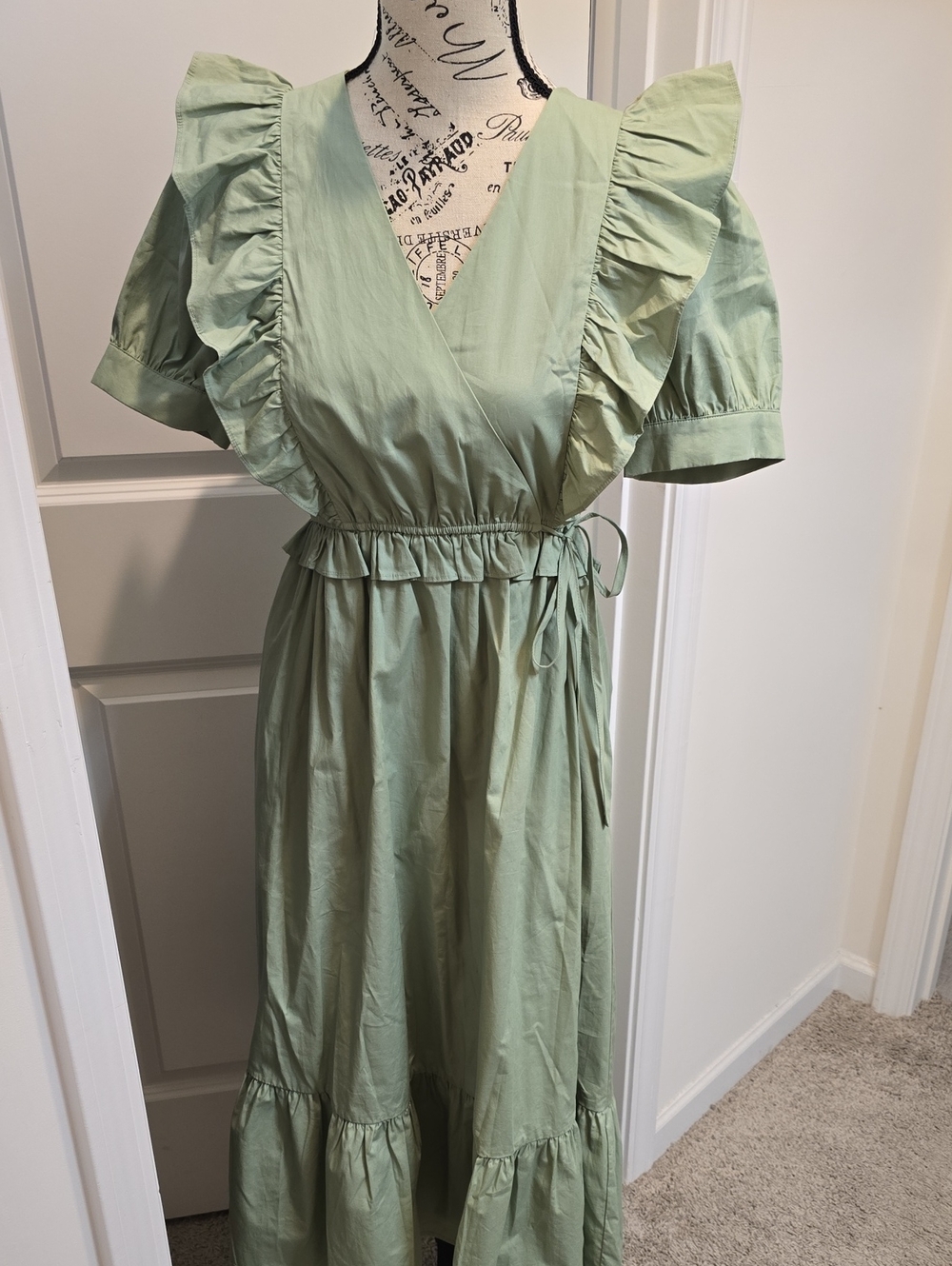 A & She Light Sage Ruffle Midi Dress with V-Neck